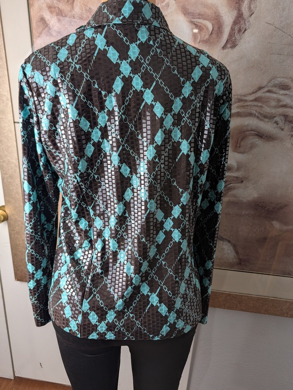 NABI Ladies Turquoise Brown Argyle Diamond Print Jacket EUC, Light Size XL - Picture 7 of 8